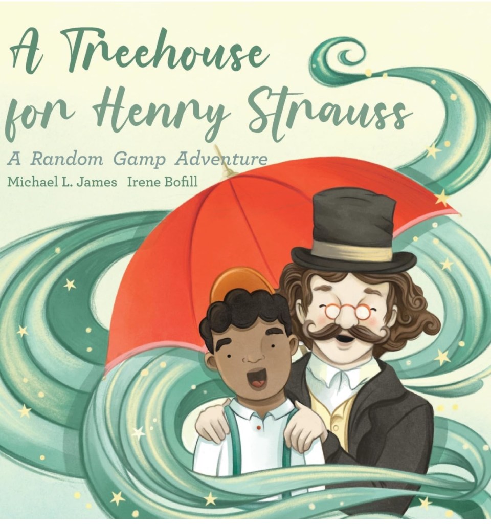 Cover of A Treehouse for Henry Strauss: a boy and Random Gamp beside a treehouse in a tall tree.