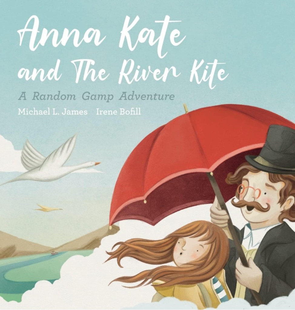 Cover of Anna Kate and the River Kite: a girl rides a raft with a red umbrella above a river.