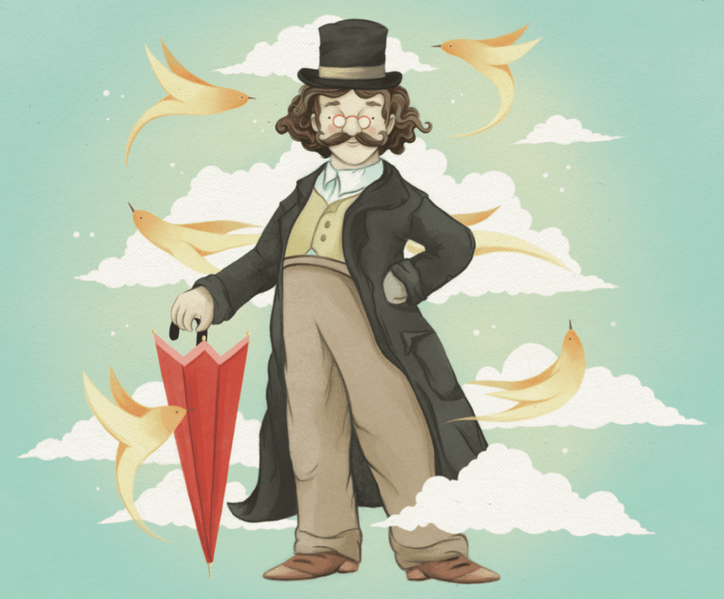 Random Gamp, a male victorian character wearing a top hat and long coat holding an umbrella.